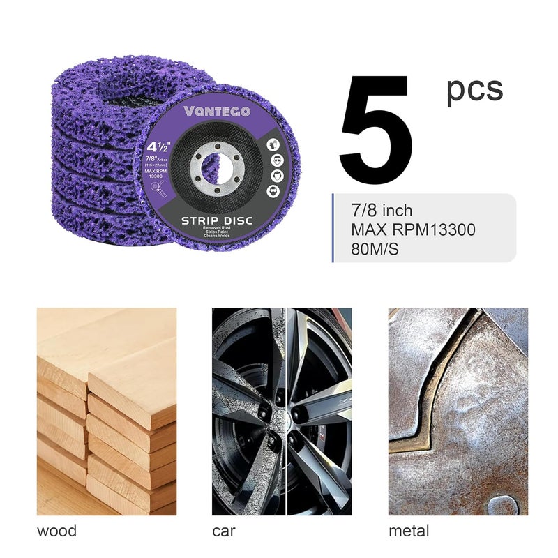 Vantego 5-Pack 4-1/2" x 7/8" Paint Stripper Discs for Angle Grinder - Rust Removal, Metal Grinding, Quick Stripping Wheel Replacement - Image 5